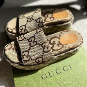Brand New Gucci Angelina Canvas Flatform Slide Sandals